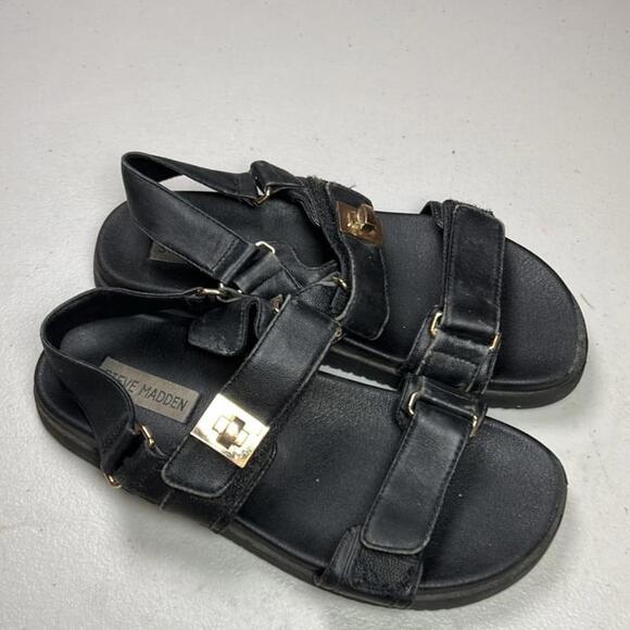 Steve Madden Mona Women's Black Leather Multi Strap Flatform Sandals Gold Buckle - Picture 1 of 6